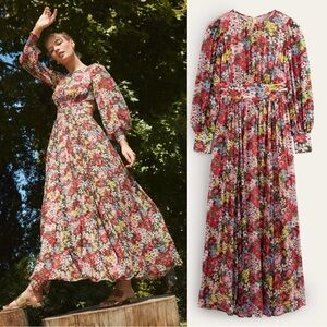 Boden Curved Waist Maxi Dress in Multi Moire Bloom Size 12 Large Bohemian Floral